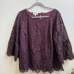 RSVP By Talbots Womens Floral Lace Top Burgundy Black Whimsygoth Size XL
